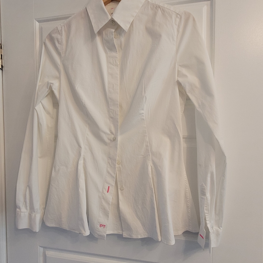 Pink Tartan button up shirt - crisp white with pink sewn details for buttons.
